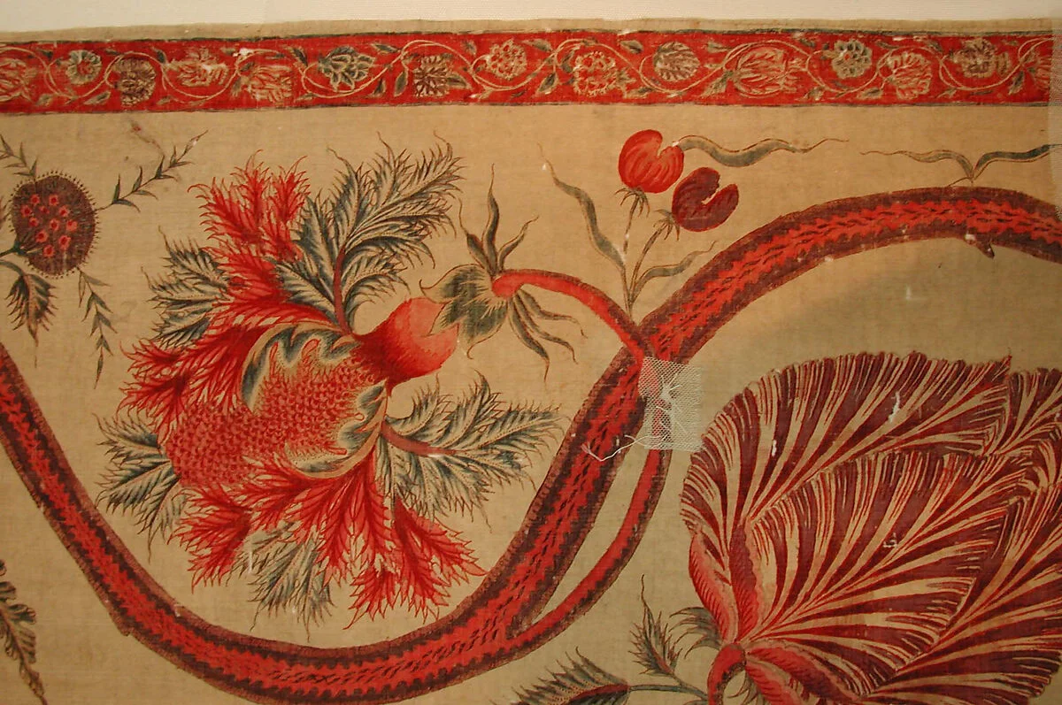Floral detail of a painted cotton palampore, attributed to India, probably Masulipatam.